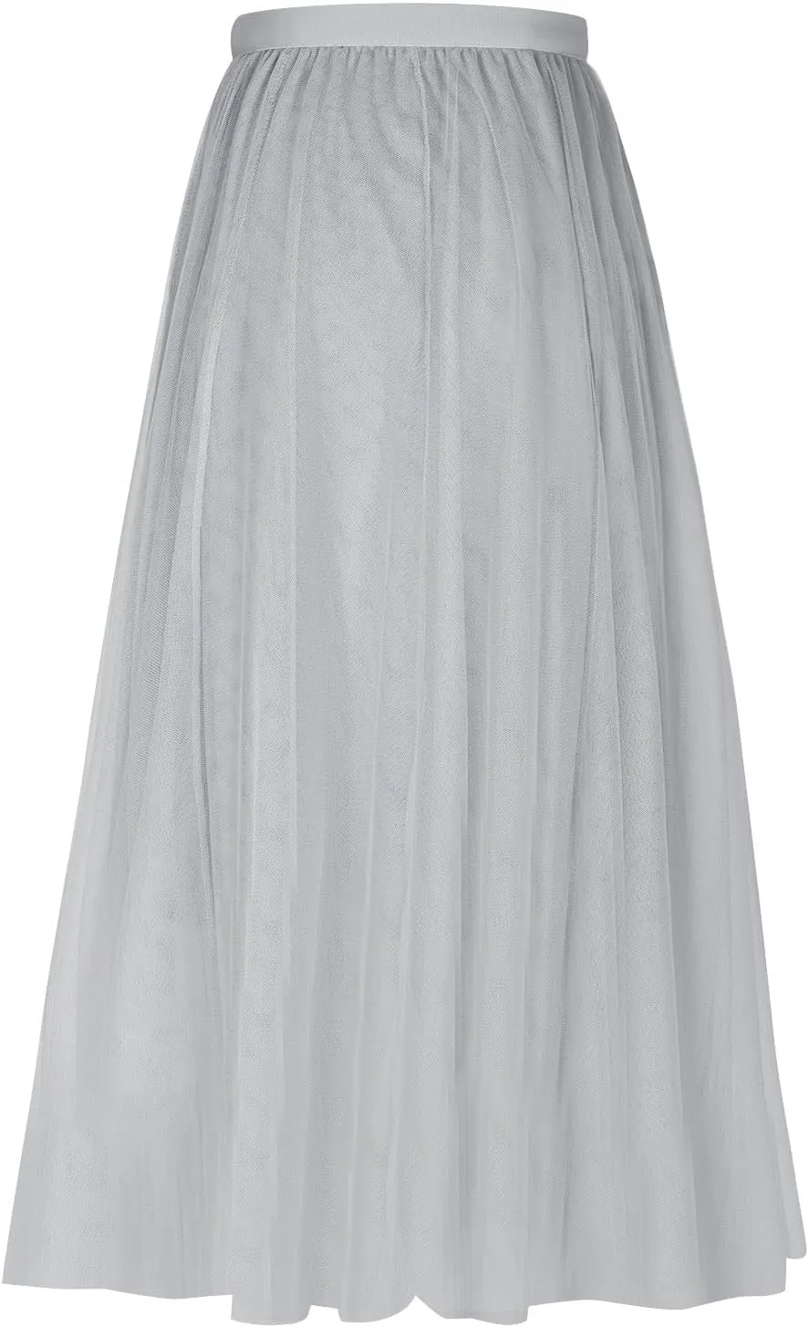 Womens Tulle Skirt Solid Color Elastic High Waist Pleated Mesh Flowy A-Line Skirts Summer Midi Skort