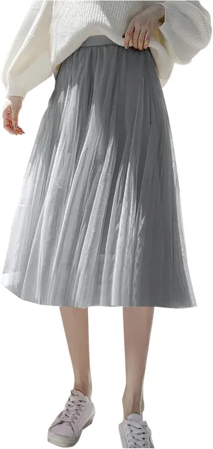 Womens Tulle Skirt Solid Color Elastic High Waist Pleated Mesh Flowy A-Line Skirts Summer Midi Skort