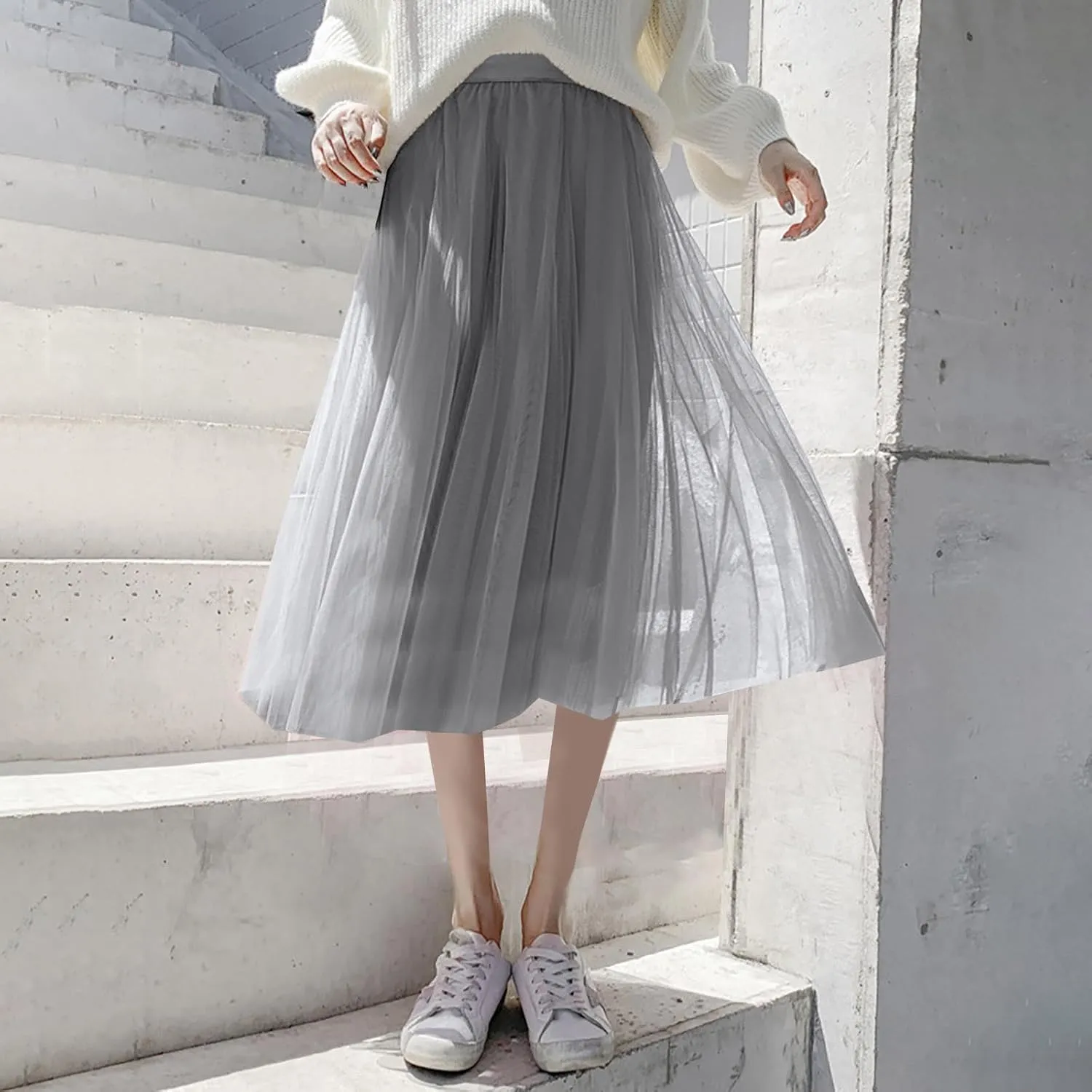 Womens Tulle Skirt Solid Color Elastic High Waist Pleated Mesh Flowy A-Line Skirts Summer Midi Skort