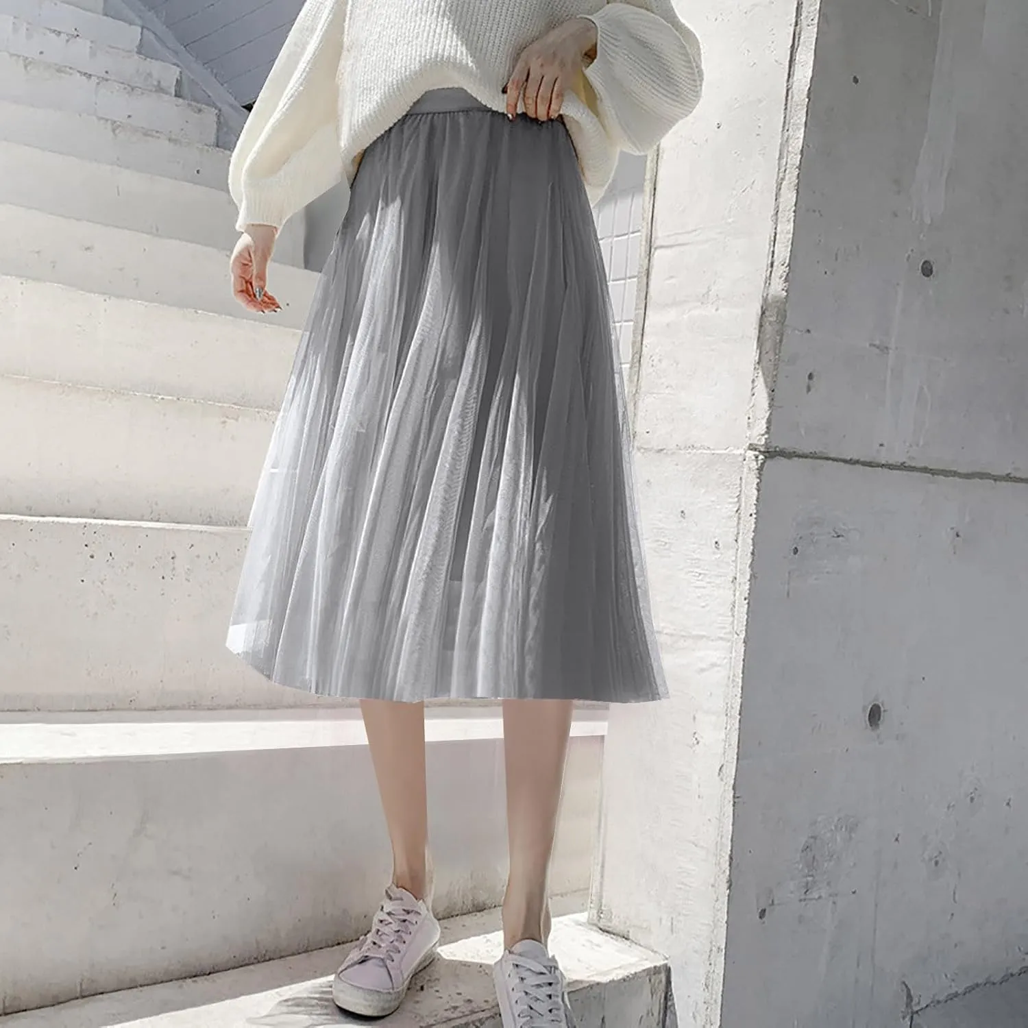 Womens Tulle Skirt Solid Color Elastic High Waist Pleated Mesh Flowy A-Line Skirts Summer Midi Skort