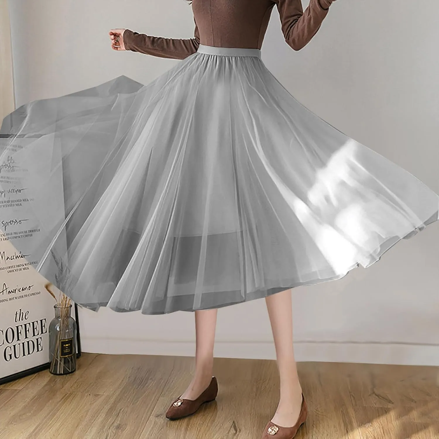 Womens Tulle Skirt Solid Color Elastic High Waist Pleated Mesh Flowy A-Line Skirts Summer Midi Skort