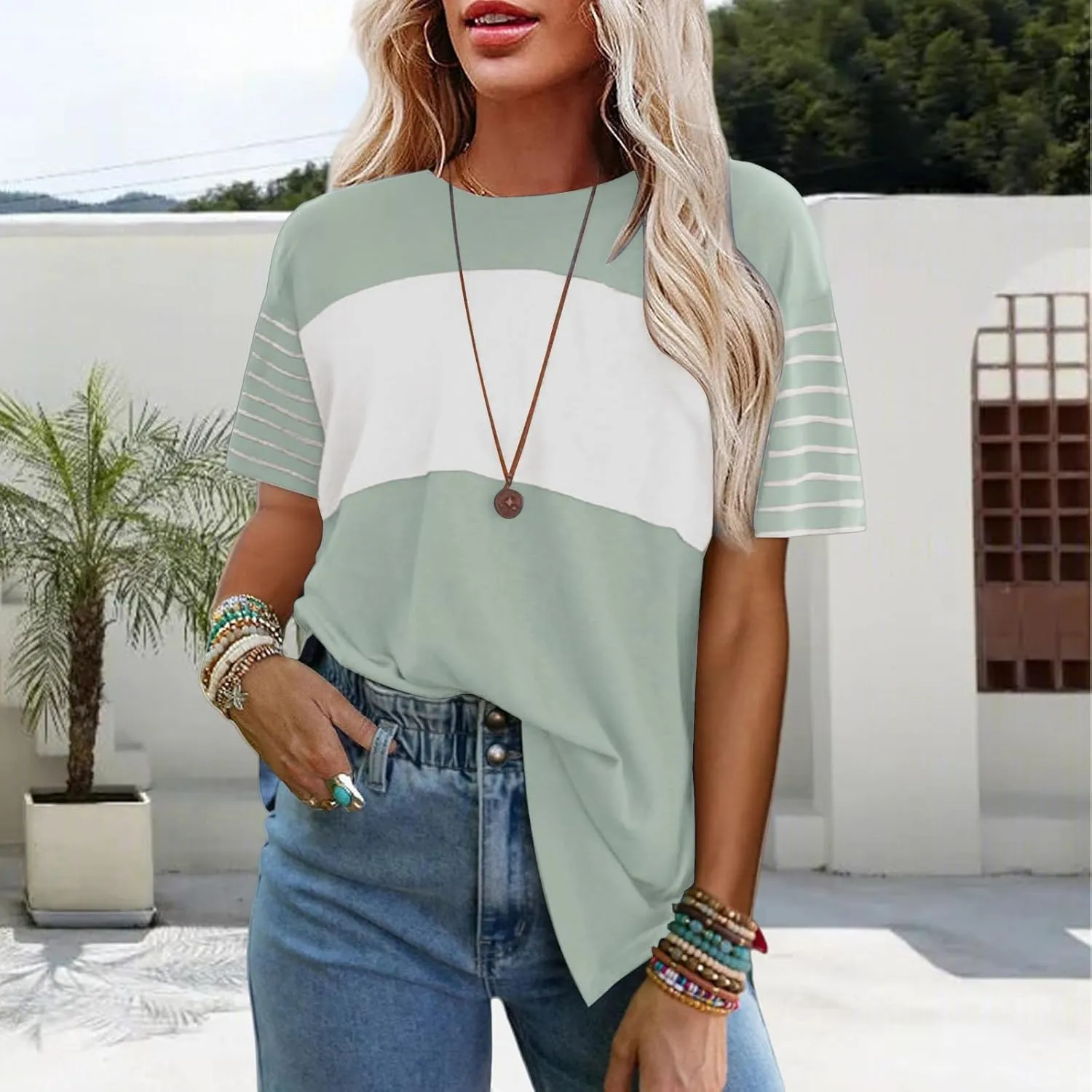 Womens Tunic Tops Oversized Crewneck Short Sleeve T Shirts Casual Color Block Striped Blouses Lightweight Summer Top