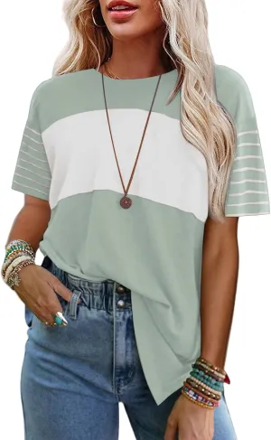Womens Tunic Tops Oversized Crewneck Short Sleeve T Shirts Casual Color Block Striped Blouses Lightweight Summer Top