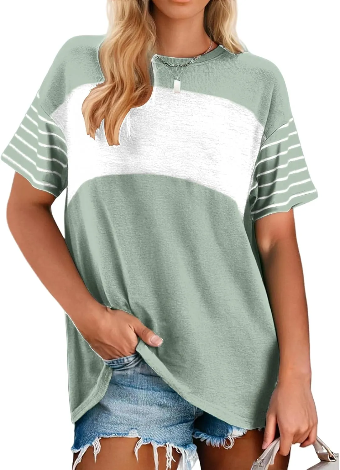Womens Tunic Tops Oversized Crewneck Short Sleeve T Shirts Casual Color Block Striped Blouses Lightweight Summer Top