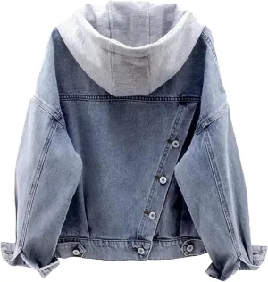 Women's Vintage Washed Boyfriend Denim Jacket For Women Casual Jean Coat Outwear With Patchwork Hooded
