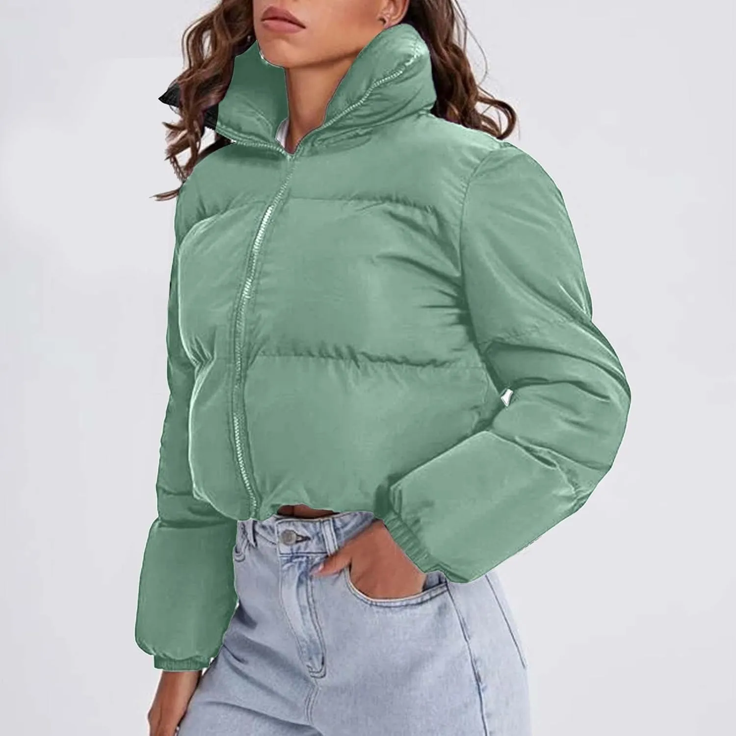 Women's Winter Oversized Cropped Puffer Jacket Long Sleeve Zip Up Short Down Coat Stand Collar Baggy Overcoat