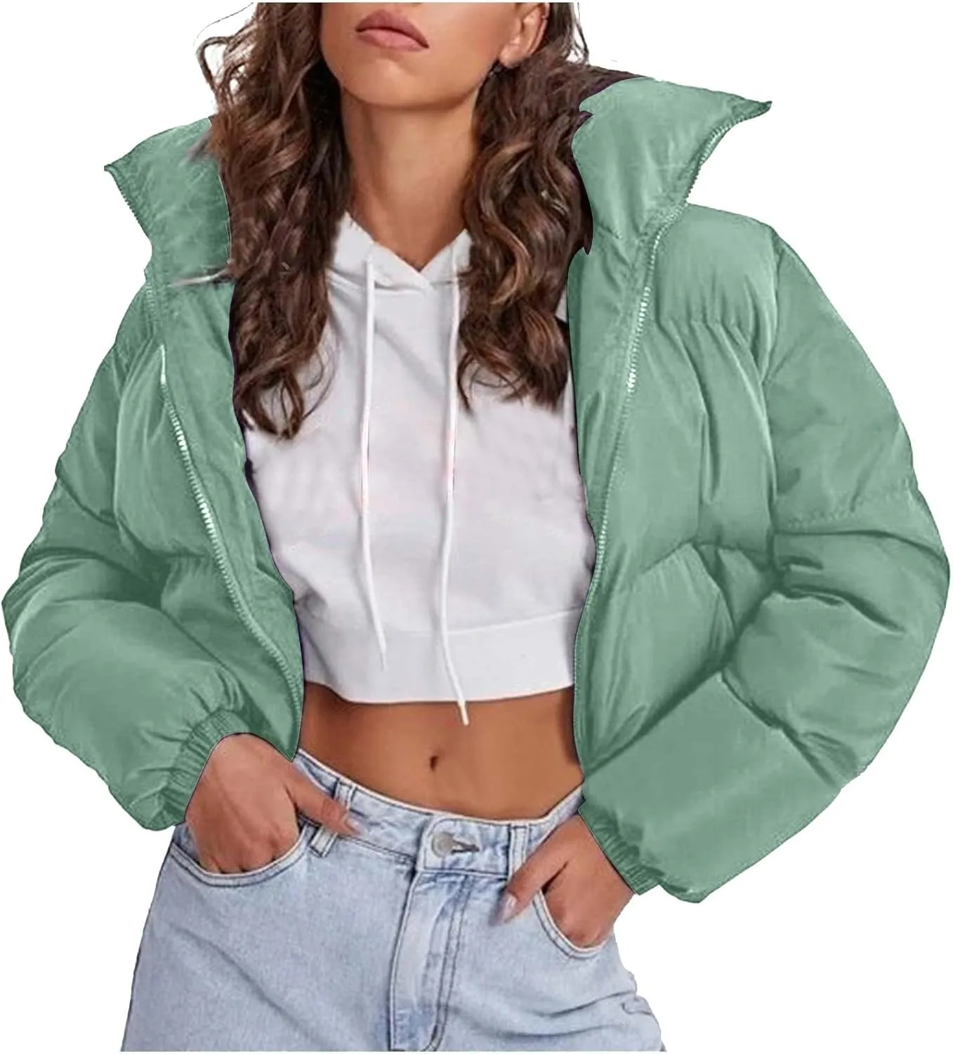 Women's Winter Oversized Cropped Puffer Jacket Long Sleeve Zip Up Short Down Coat Stand Collar Baggy Overcoat