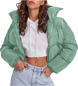 Women's Winter Oversized Cropped Puffer Jacket Long Sleeve Zip Up Short Down Coat Stand Collar Baggy Overcoat