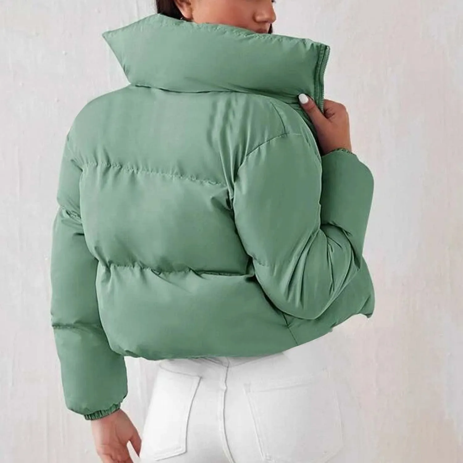 Women's Winter Oversized Cropped Puffer Jacket Long Sleeve Zip Up Short Down Coat Stand Collar Baggy Overcoat