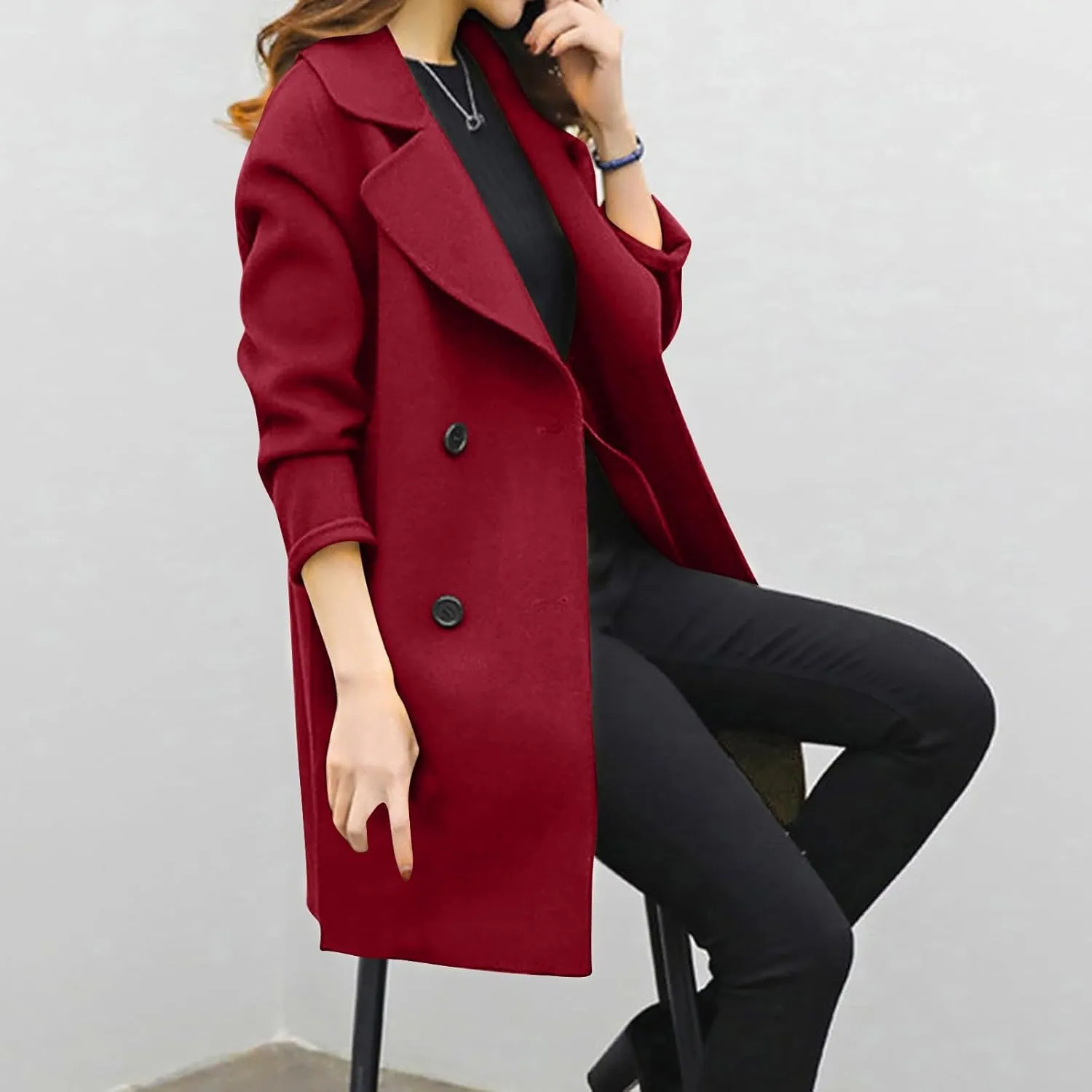 Womens Wool Blend Coat Double Breasted Long Trench Coat Elegant Notch Lapel Work Office Comfy Slim Fit Jackets