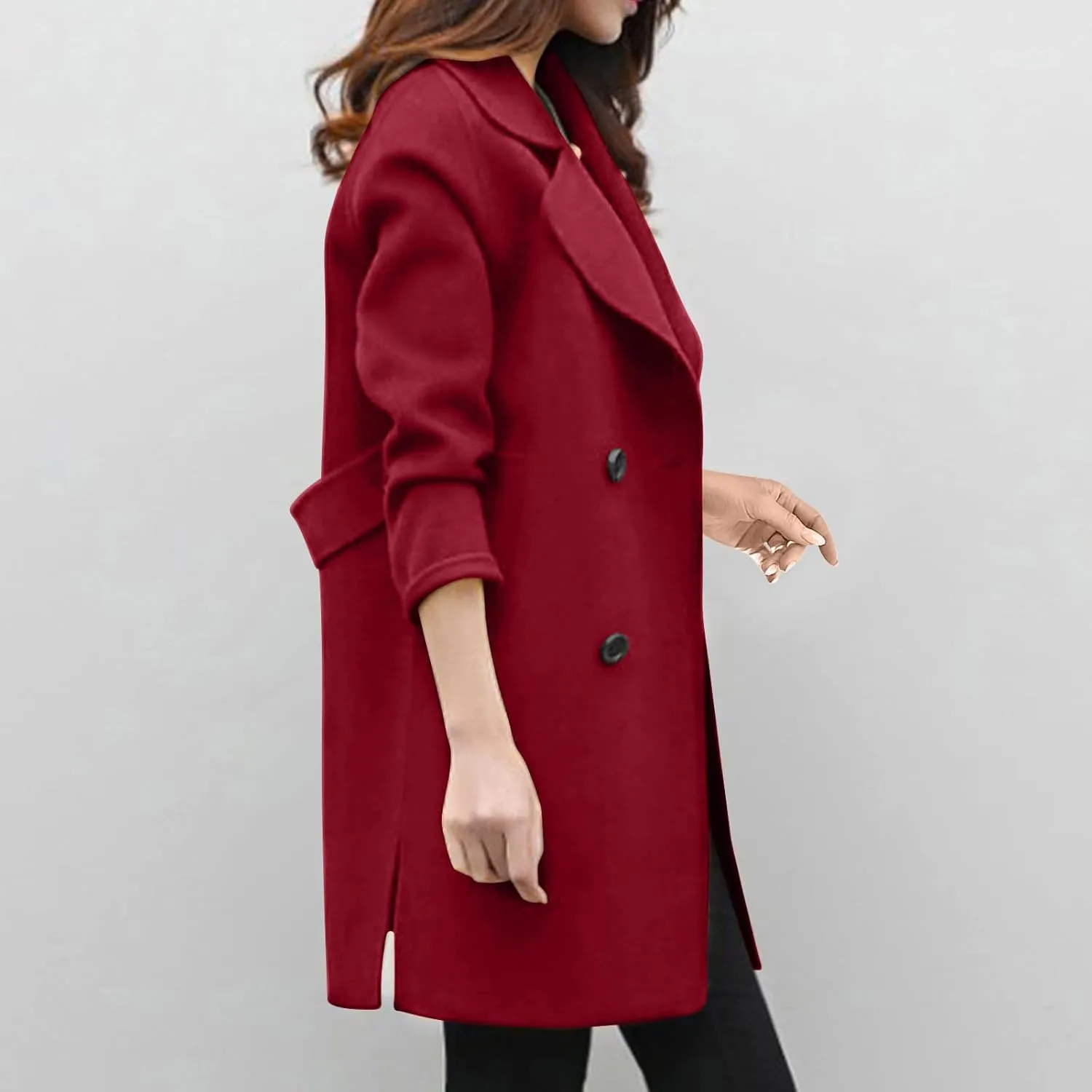Womens Wool Blend Coat Double Breasted Long Trench Coat Elegant Notch Lapel Work Office Comfy Slim Fit Jackets