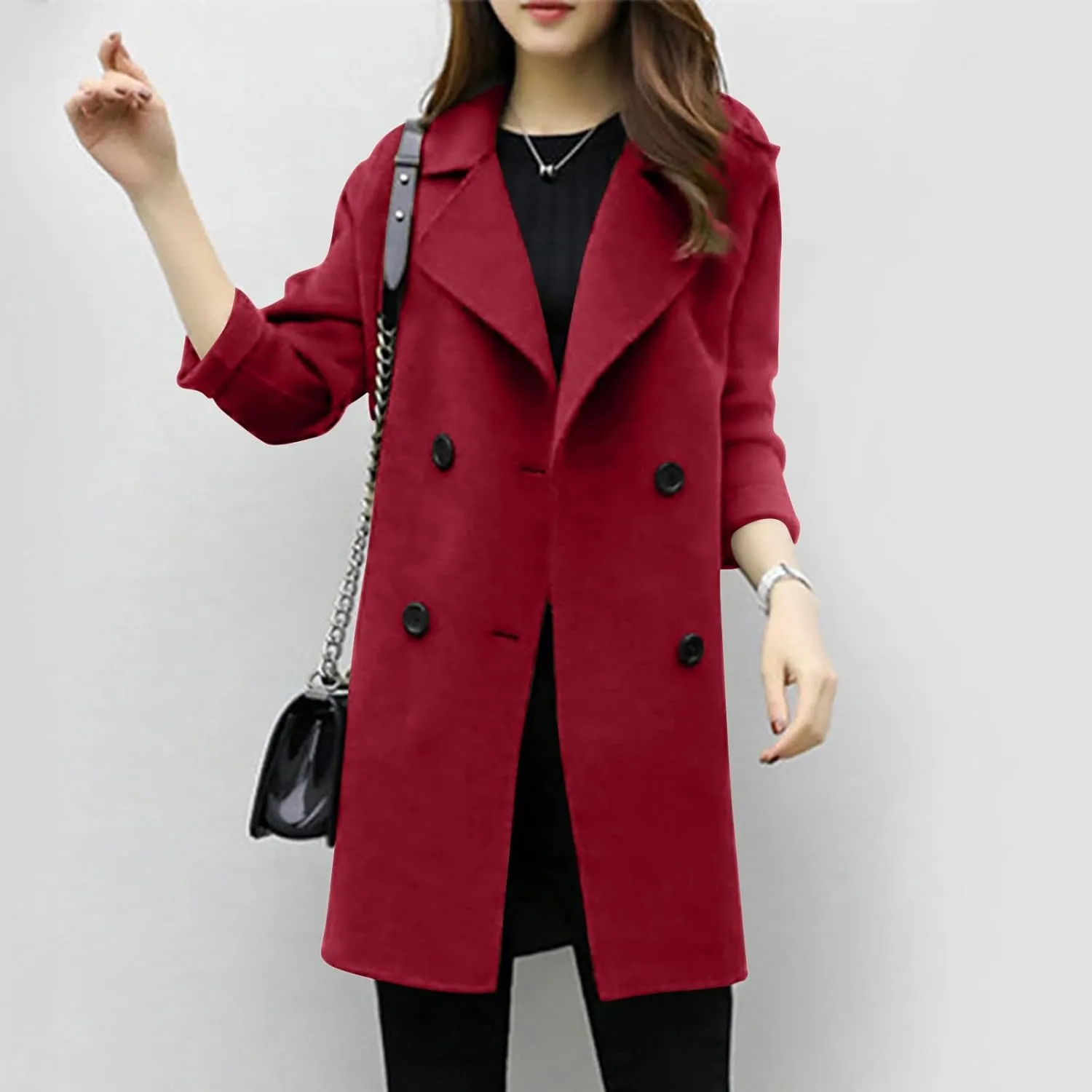 Womens Wool Blend Coat Double Breasted Long Trench Coat Elegant Notch Lapel Work Office Comfy Slim Fit Jackets