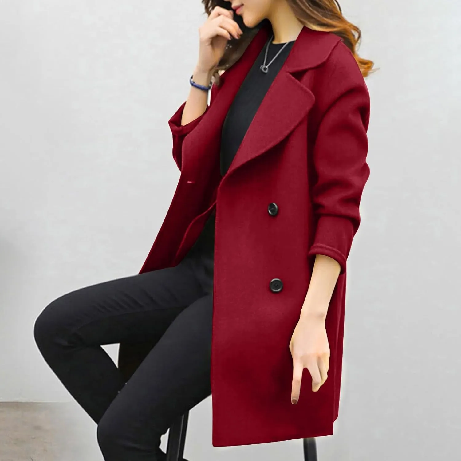 Womens Wool Blend Coat Double Breasted Long Trench Coat Elegant Notch Lapel Work Office Comfy Slim Fit Jackets