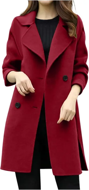 Womens Wool Blend Coat Double Breasted Long Trench Coat Elegant Notch Lapel Work Office Comfy Slim Fit Jackets