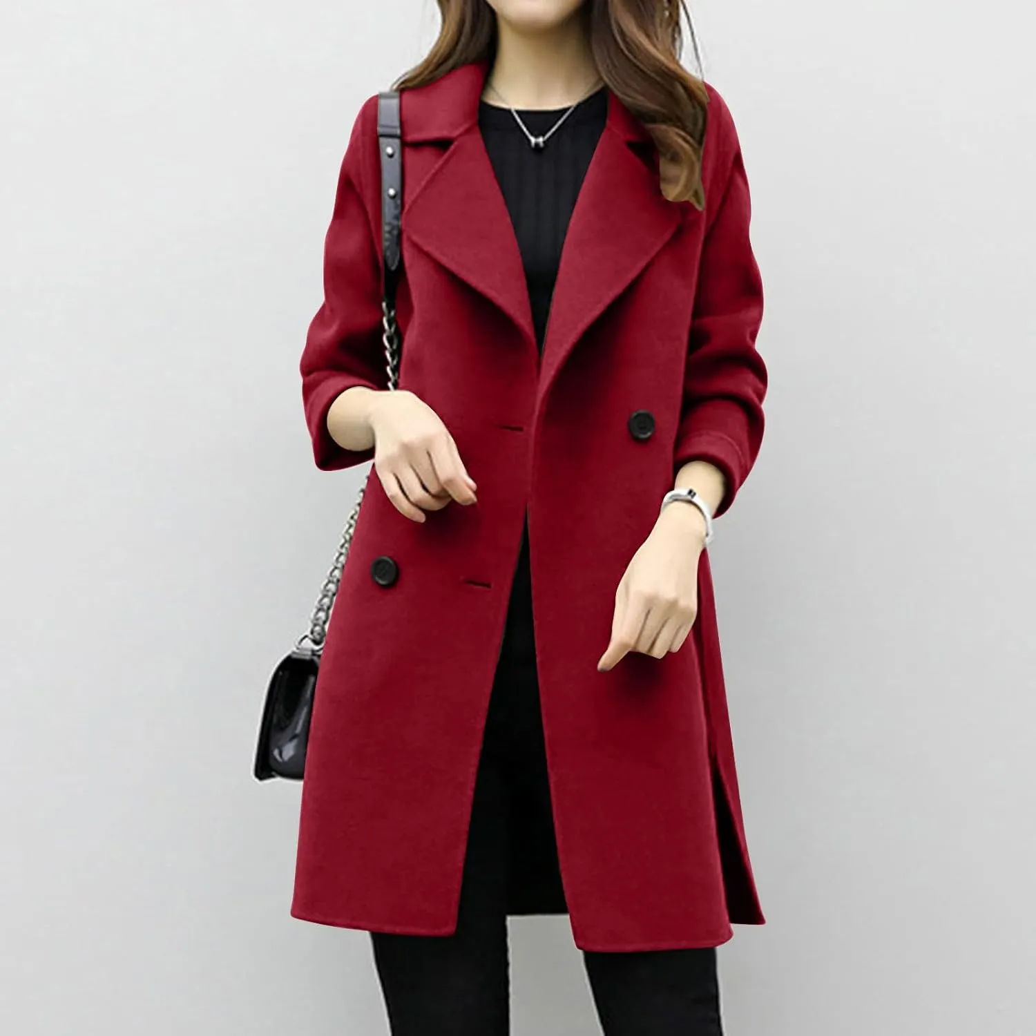 Womens Wool Blend Coat Double Breasted Long Trench Coat Elegant Notch Lapel Work Office Comfy Slim Fit Jackets