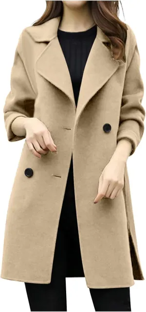Womens Wool Blend Coat Double Breasted Long Trench Coat Elegant Notch Lapel Work Office Comfy Slim Fit Jackets