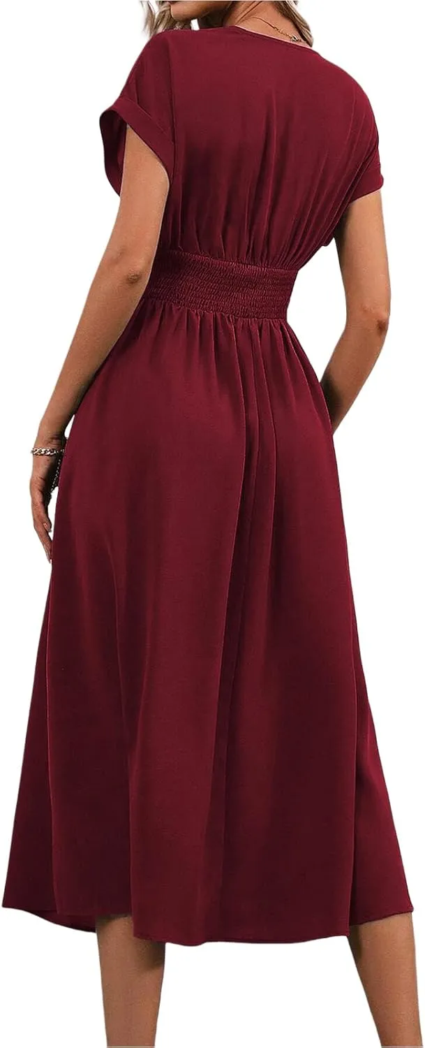Womne's Dresses A Line Cap Sleeve V Neck High Waist Ruffle Maxi Dress Elegant Flowy Swing Dress Summer Sundress 2025