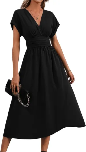 Womne's Dresses A Line Cap Sleeve V Neck High Waist Ruffle Maxi Dress Elegant Flowy Swing Dress Summer Sundress 2025