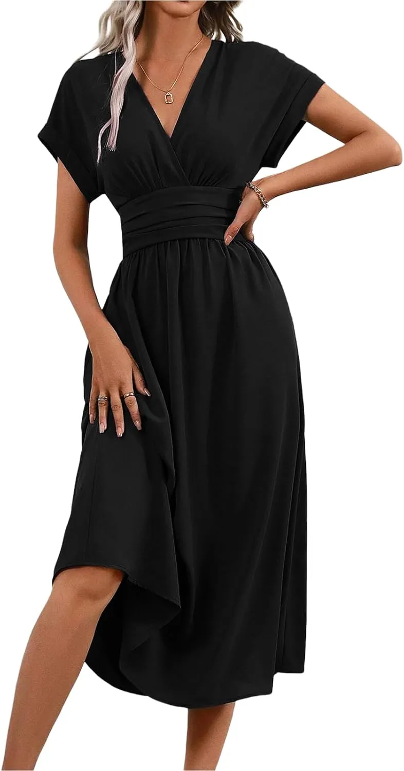 Womne's Dresses A Line Cap Sleeve V Neck High Waist Ruffle Maxi Dress Elegant Flowy Swing Dress Summer Sundress 2025