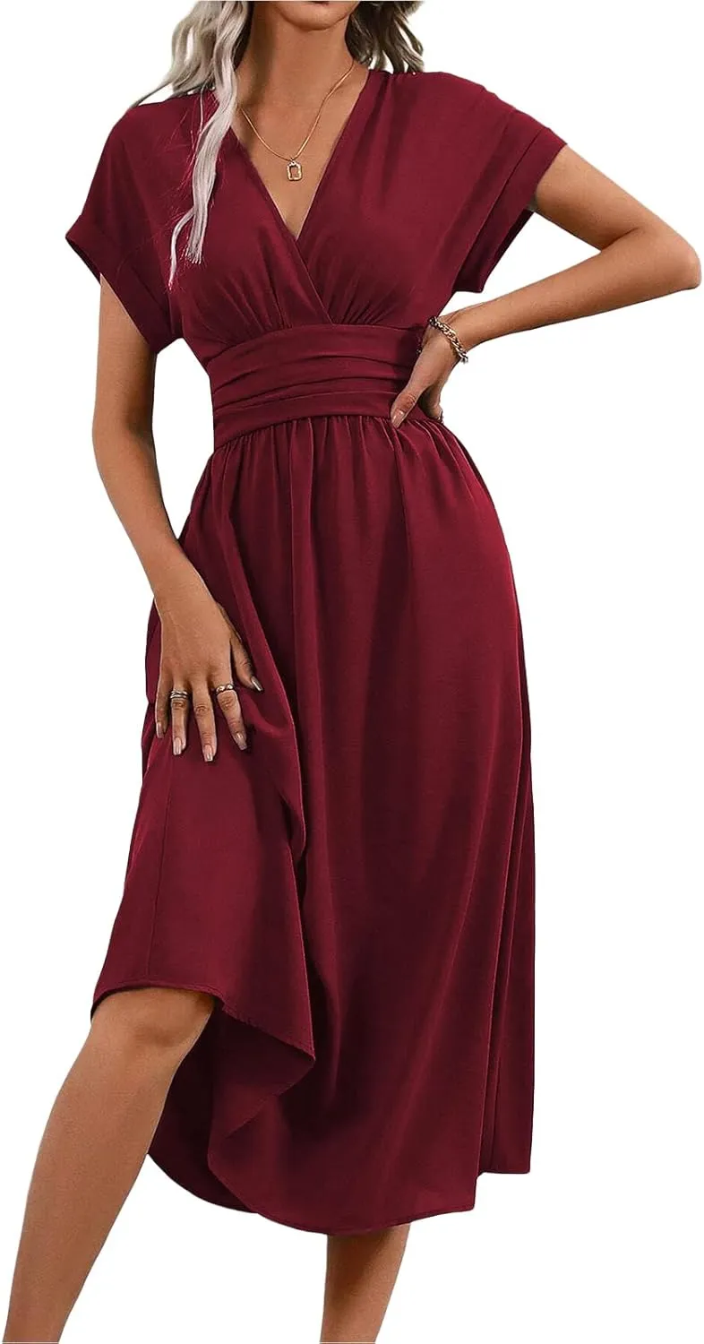 Womne's Dresses A Line Cap Sleeve V Neck High Waist Ruffle Maxi Dress Elegant Flowy Swing Dress Summer Sundress 2025