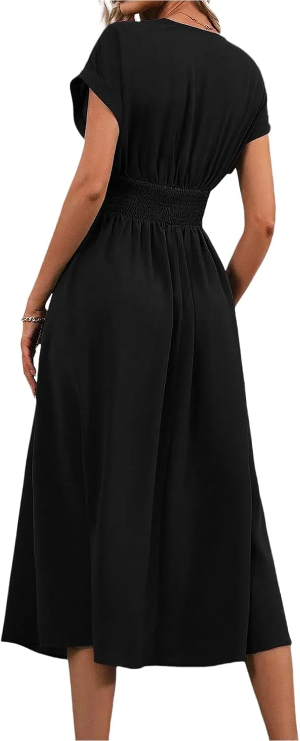 Womne's Dresses A Line Cap Sleeve V Neck High Waist Ruffle Maxi Dress Elegant Flowy Swing Dress Summer Sundress 2025