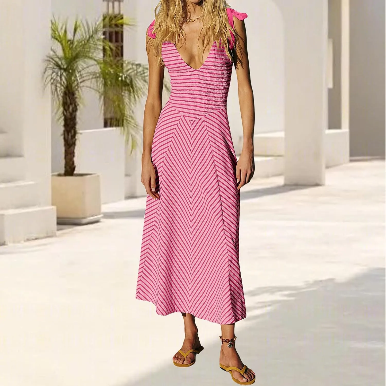 Womne's Dresses A Line Striped Sexy Deep V Neck Sleeveless Maxi Dress Summer Beach Vacation The Waist 2025