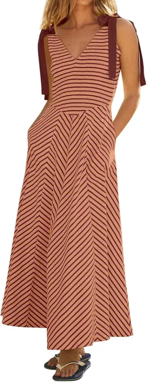Womne's Dresses A Line Striped Sexy Deep V Neck Sleeveless Maxi Dress Summer Beach Vacation The Waist 2025