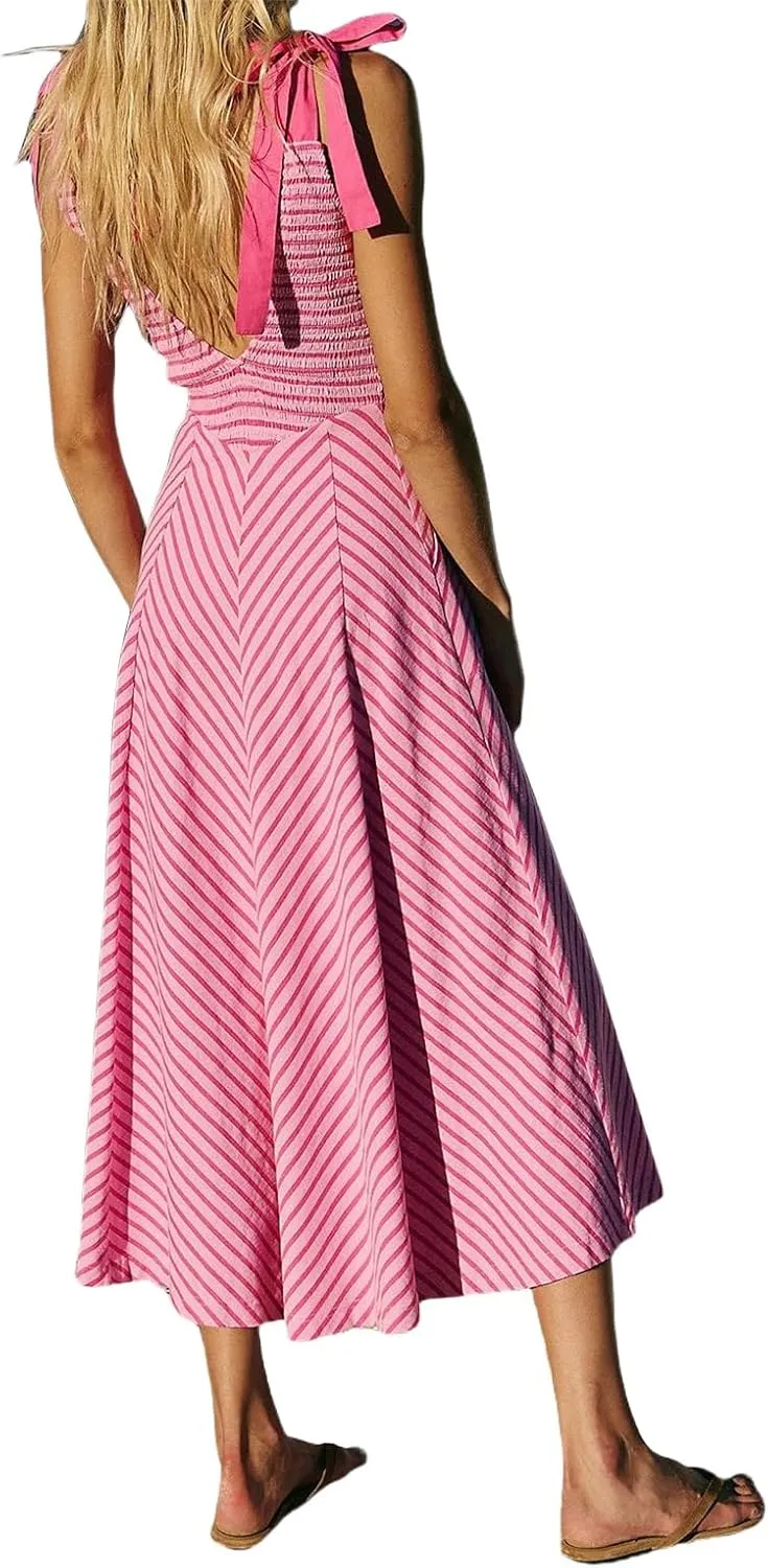 Womne's Dresses A Line Striped Sexy Deep V Neck Sleeveless Maxi Dress Summer Beach Vacation The Waist 2025