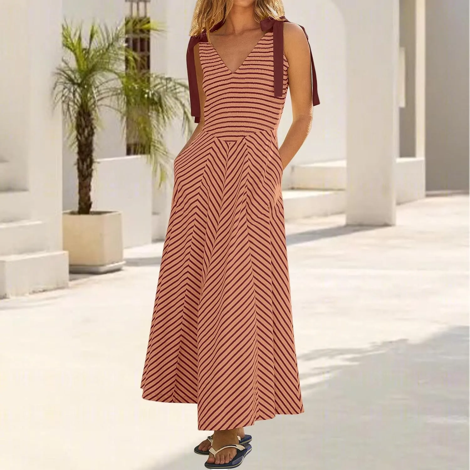 Womne's Dresses A Line Striped Sexy Deep V Neck Sleeveless Maxi Dress Summer Beach Vacation The Waist 2025