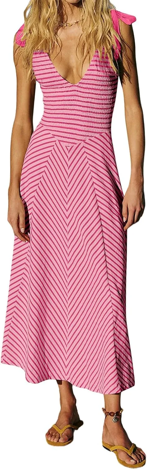 Womne's Dresses A Line Striped Sexy Deep V Neck Sleeveless Maxi Dress Summer Beach Vacation The Waist 2025