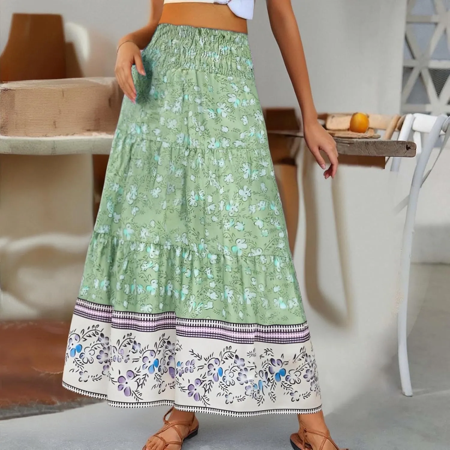 Workout Skirts for Women 2025 Summer Bohemian Floral Skirt High Elastic Waist Renaissance Skirt for Vacation Clothes