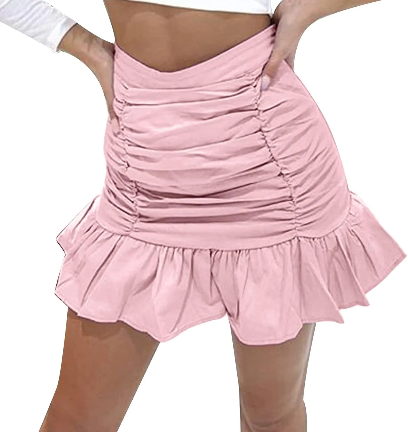 Workout Skirts for Womens Women's Short Mini Skirts Solid Pleated Ruffle Skirt High Waist Hip Wrap Pleated Skirts