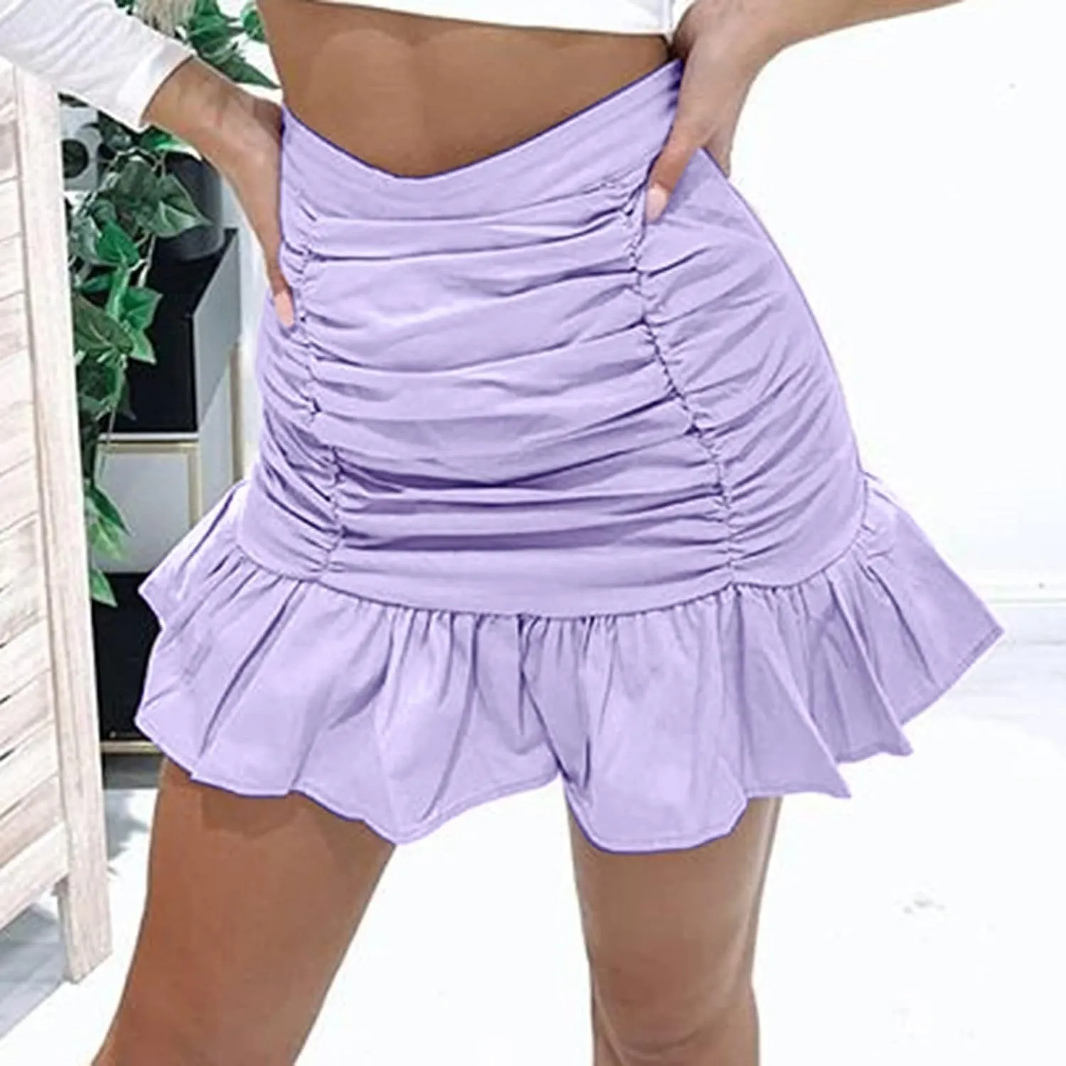 Workout Skirts for Womens Women's Short Mini Skirts Solid Pleated Ruffle Skirt High Waist Hip Wrap Pleated Skirts