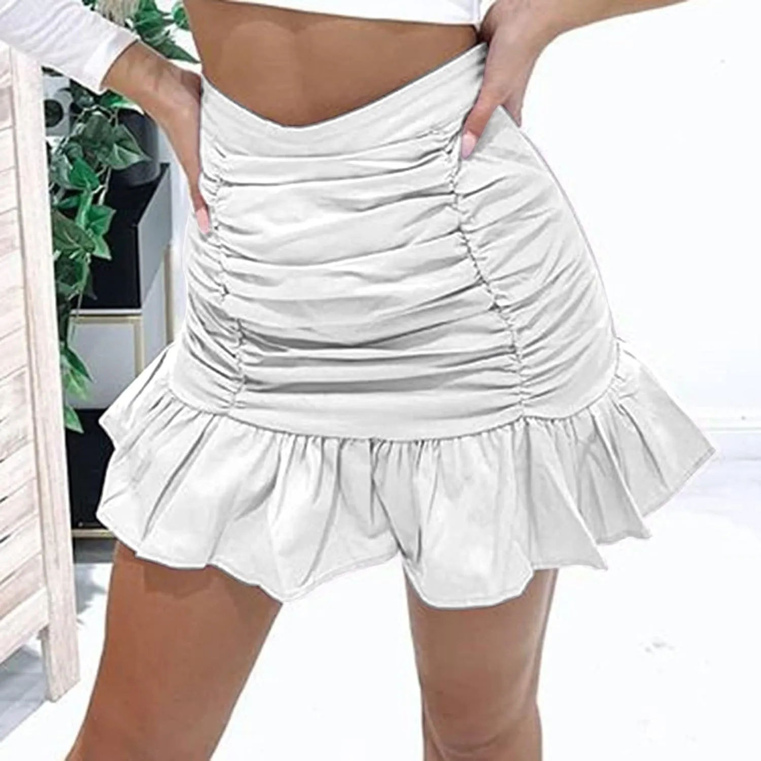 Workout Skirts for Womens Women's Short Mini Skirts Solid Pleated Ruffle Skirt High Waist Hip Wrap Pleated Skirts