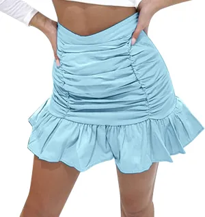 Workout Skirts for Womens Women's Short Mini Skirts Solid Pleated Ruffle Skirt High Waist Hip Wrap Pleated Skirts