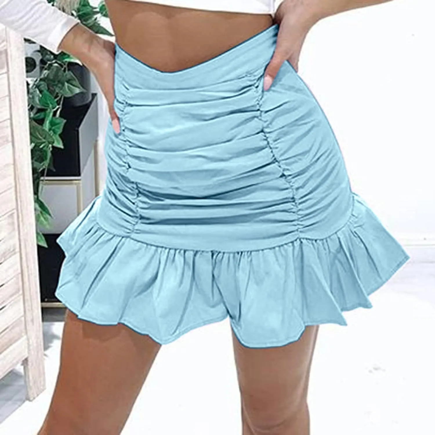 Workout Skirts for Womens Women's Short Mini Skirts Solid Pleated Ruffle Skirt High Waist Hip Wrap Pleated Skirts