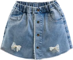 Wrap Front Button Lace Bowknot Skort for Girls, Kids High Waisted Symmetrical Raw Hem Denim Skirt Shorts with Pocket