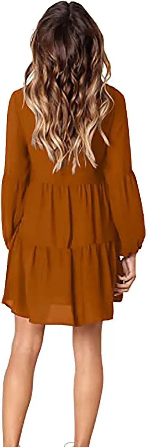 WUAI Summer Dress for Women Bell Long Sleeve V-Neck Tunic Dress Casual Loose Flowy Swing Shift Dresses