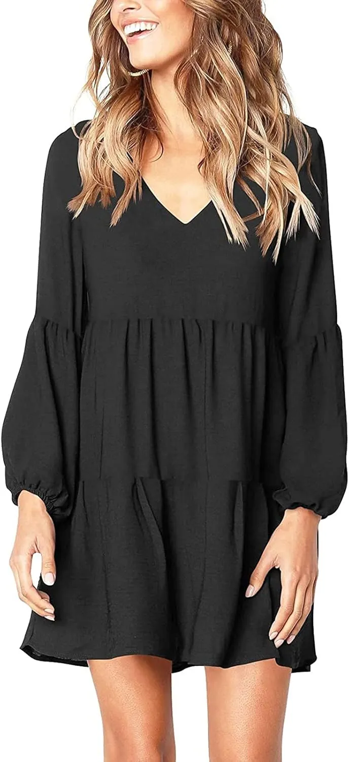 WUAI Summer Dress for Women Bell Long Sleeve V-Neck Tunic Dress Casual Loose Flowy Swing Shift Dresses