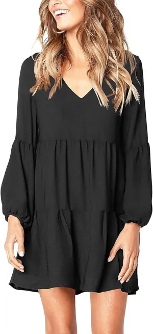 WUAI Summer Dress for Women Bell Long Sleeve V-Neck Tunic Dress Casual Loose Flowy Swing Shift Dresses