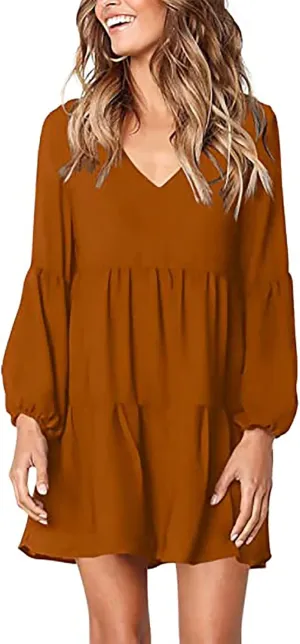WUAI Summer Dress for Women Bell Long Sleeve V-Neck Tunic Dress Casual Loose Flowy Swing Shift Dresses