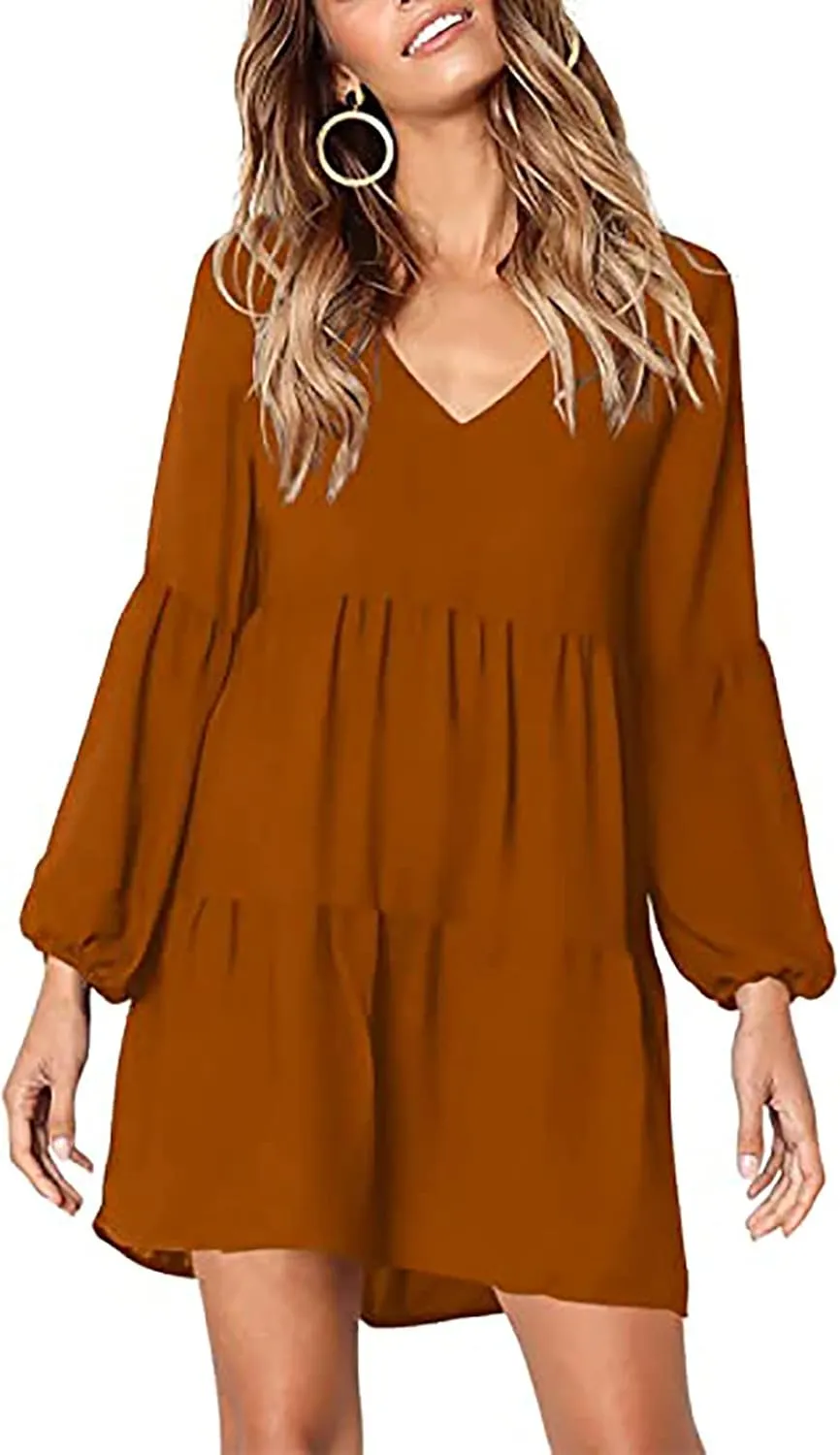 WUAI Summer Dress for Women Bell Long Sleeve V-Neck Tunic Dress Casual Loose Flowy Swing Shift Dresses