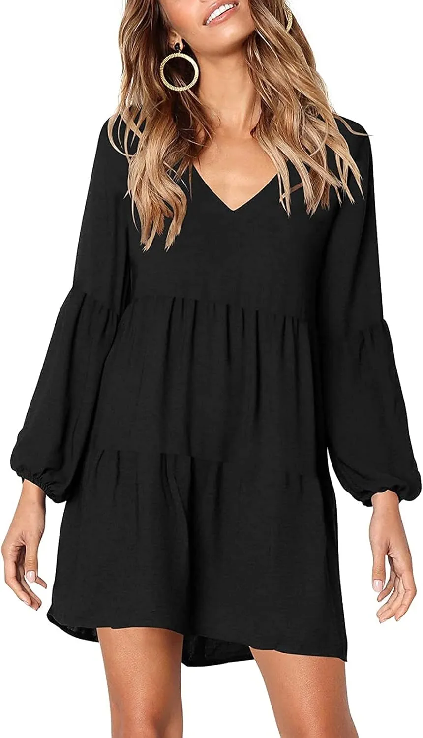 WUAI Summer Dress for Women Bell Long Sleeve V-Neck Tunic Dress Casual Loose Flowy Swing Shift Dresses