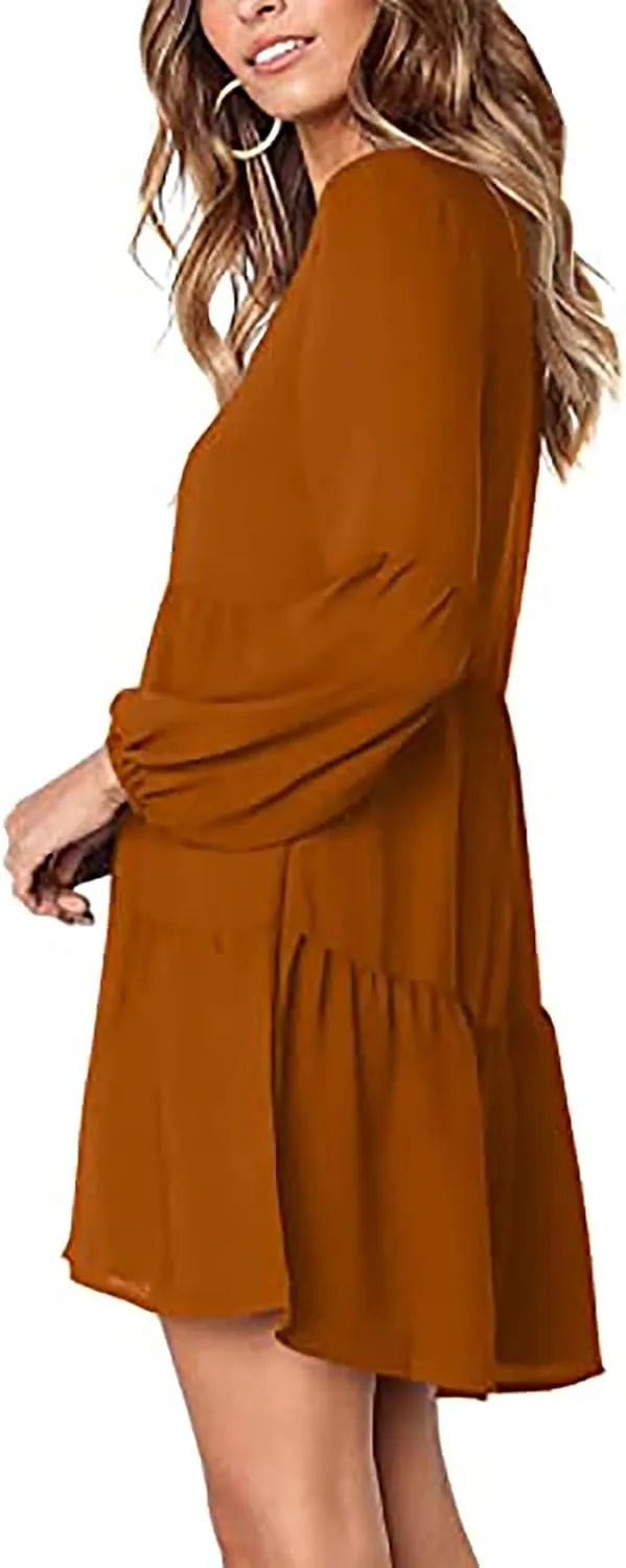 WUAI Summer Dress for Women Bell Long Sleeve V-Neck Tunic Dress Casual Loose Flowy Swing Shift Dresses