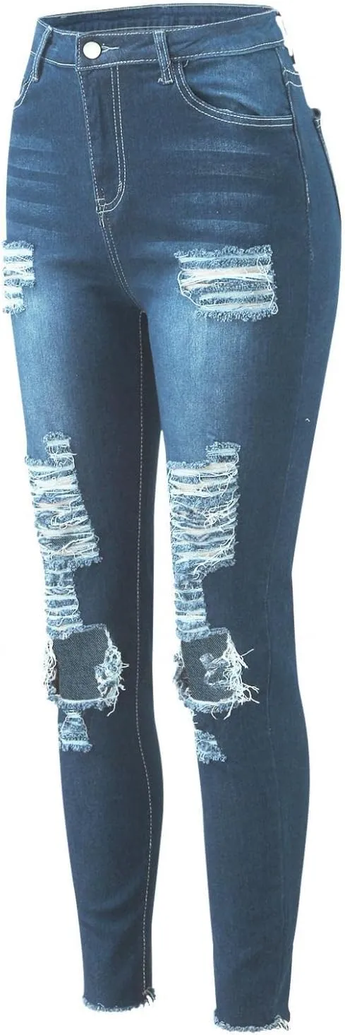 WUAI-Women High Waisted Stretch Ripped Skinny Jeans Plus Size Boyfriend Distressed High Rise Slim Fit Denim Pants Trousers
