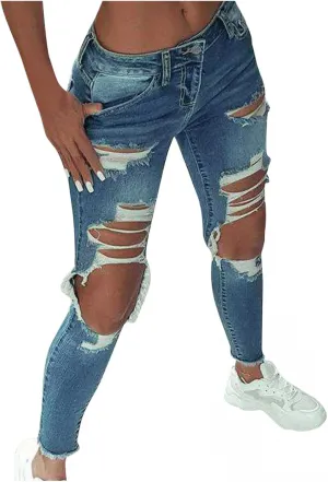 WUAI-Women High Waisted Stretch Ripped Skinny Jeans Plus Size Boyfriend Distressed High Rise Slim Fit Denim Pants Trousers