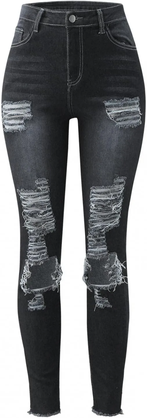WUAI-Women High Waisted Stretch Ripped Skinny Jeans Plus Size Boyfriend Distressed High Rise Slim Fit Denim Pants Trousers