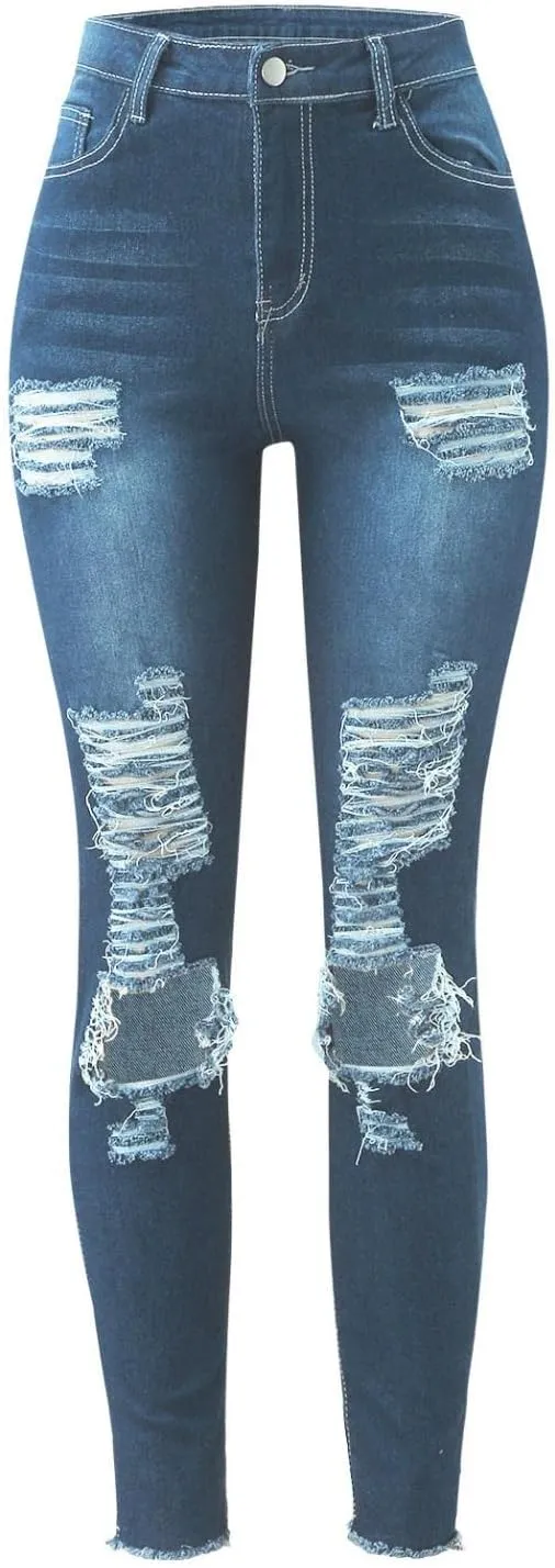 WUAI-Women High Waisted Stretch Ripped Skinny Jeans Plus Size Boyfriend Distressed High Rise Slim Fit Denim Pants Trousers