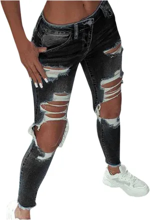 WUAI-Women High Waisted Stretch Ripped Skinny Jeans Plus Size Boyfriend Distressed High Rise Slim Fit Denim Pants Trousers