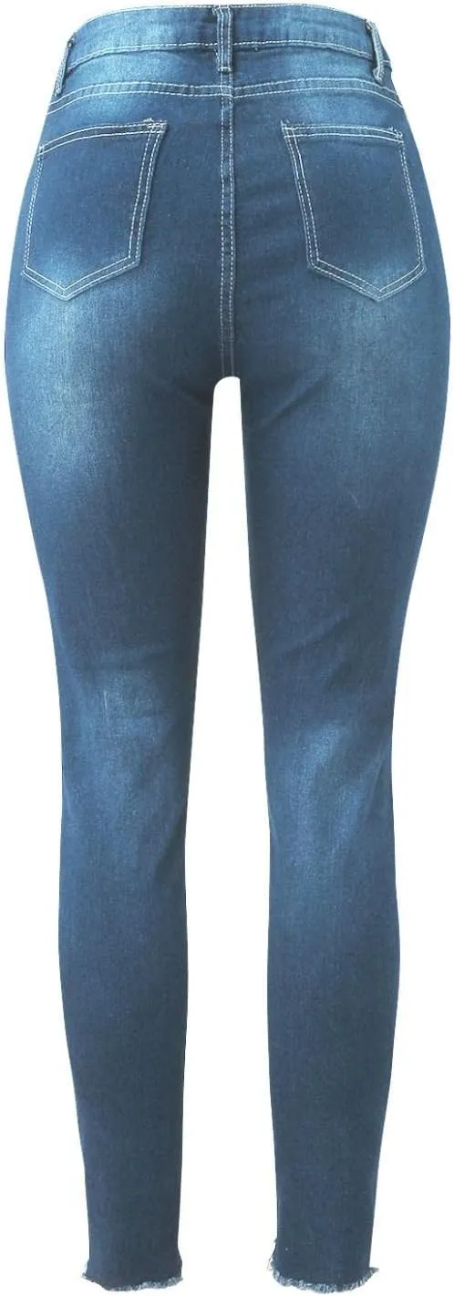 WUAI-Women High Waisted Stretch Ripped Skinny Jeans Plus Size Boyfriend Distressed High Rise Slim Fit Denim Pants Trousers
